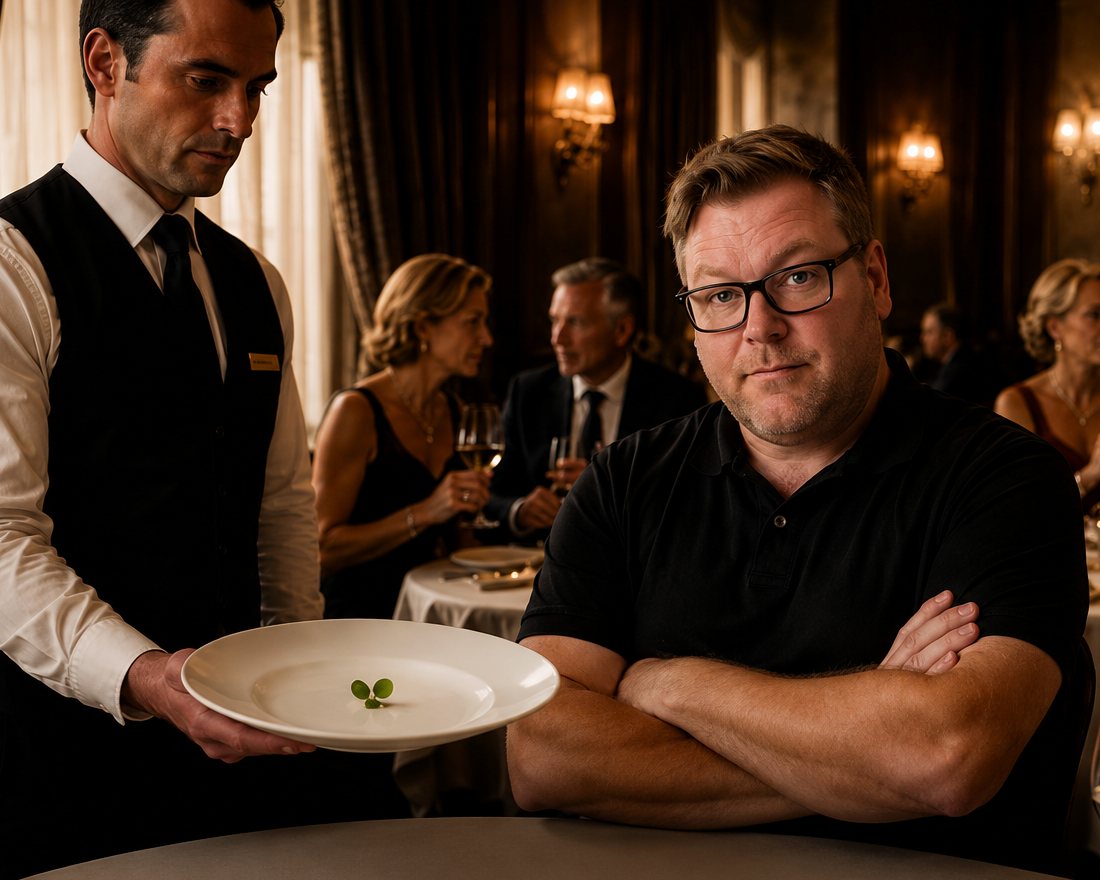 Grump at a fine-dining table with arms folded while a waiter presents a plate holding a single leaf